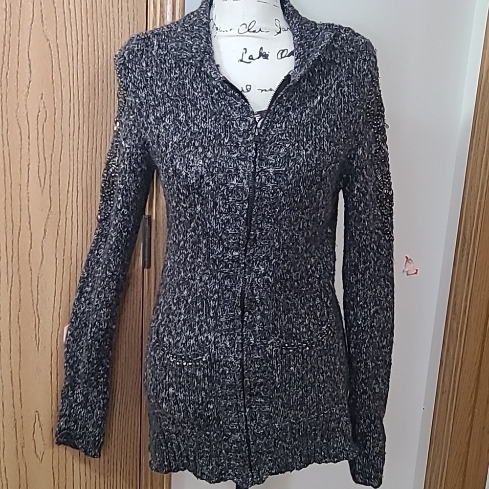 BKE Boutique zip up beaded pocket cardigan sweater